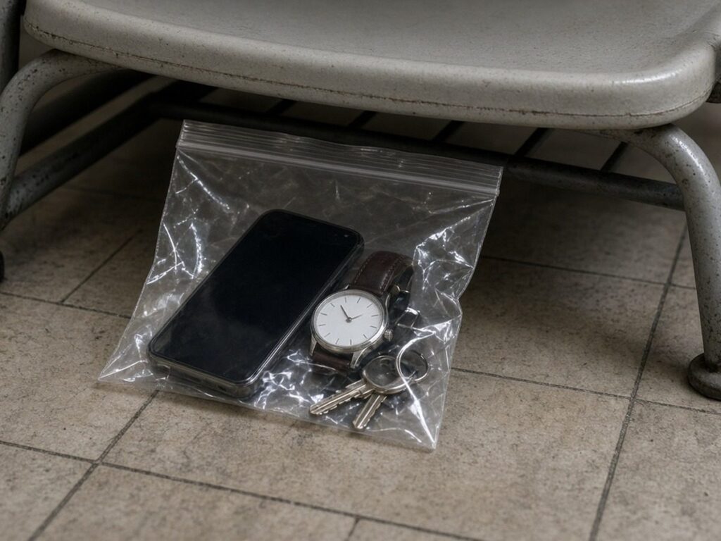 Envelope plástico lacrado com celular, relógio e chaves embaixo de uma cadeira