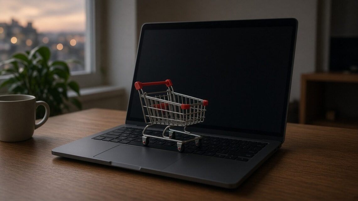 Carrinho de compras em miniatura sobre o teclado de um notebook