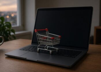 Carrinho de compras em miniatura sobre o teclado de um notebook