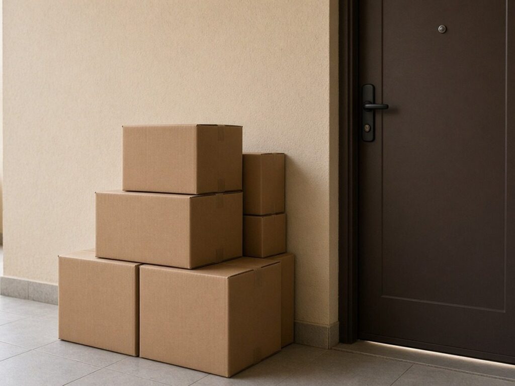 Caixas de papelão de entrega empilhadas ao lado da porta de um apartamento