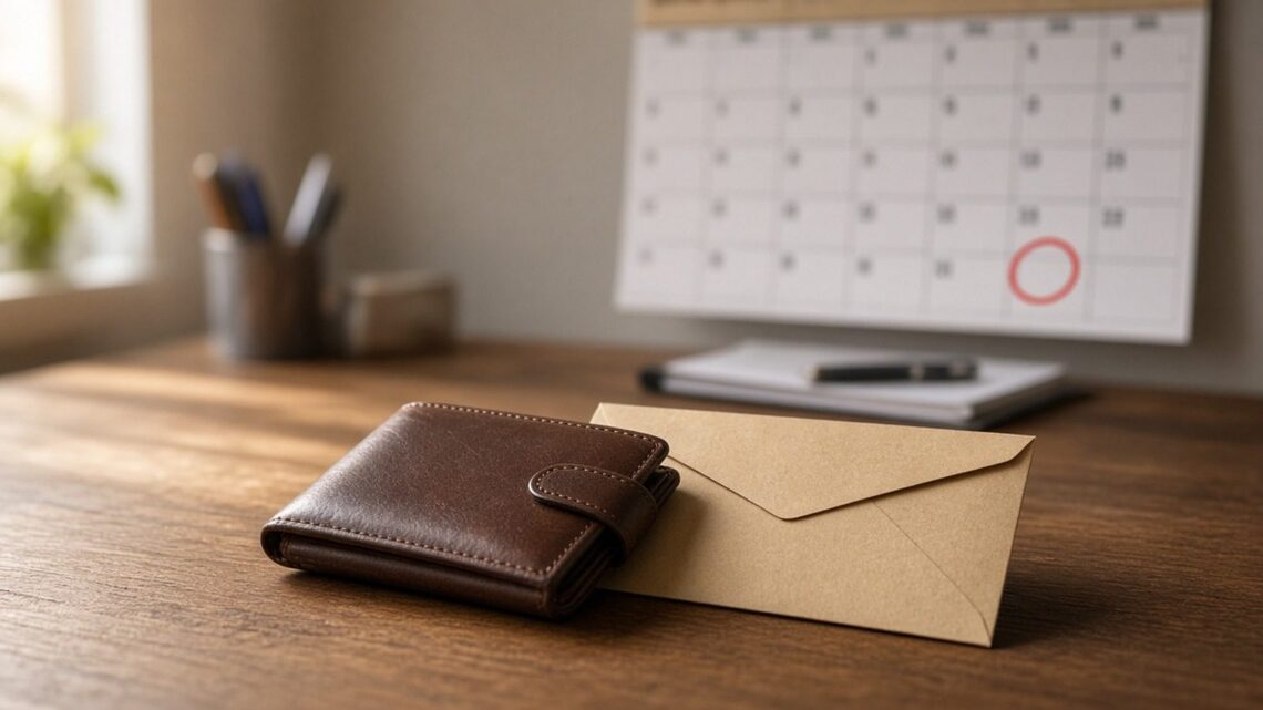 Carteira de couro e envelope sobre a mesa, com um calendário desfocado ao fundo