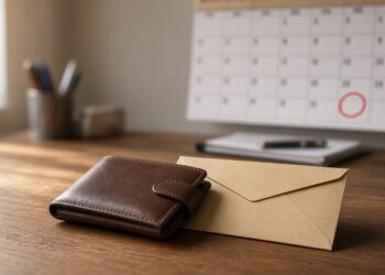 Carteira de couro e envelope sobre a mesa, com um calendário desfocado ao fundo