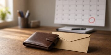 Carteira de couro e envelope sobre a mesa, com um calendário desfocado ao fundo