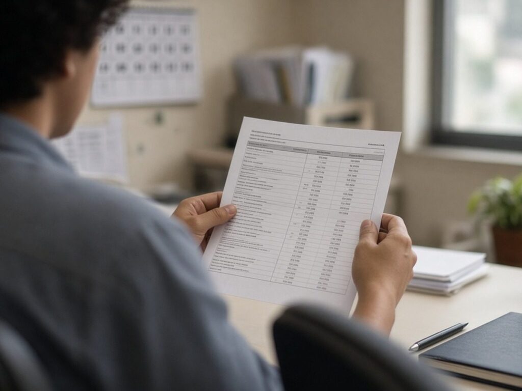 Trabalhador de costas lendo um contracheque numa mesa de escritório