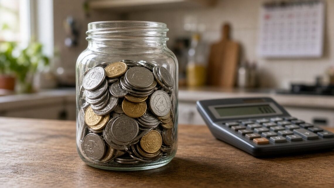 Pote de vidro com moedas de real e uma calculadora sobre a mesa da cozinha
