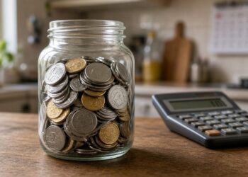 Pote de vidro com moedas de real e uma calculadora sobre a mesa da cozinha