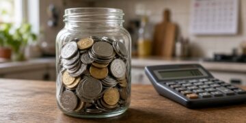 Pote de vidro com moedas de real e uma calculadora sobre a mesa da cozinha