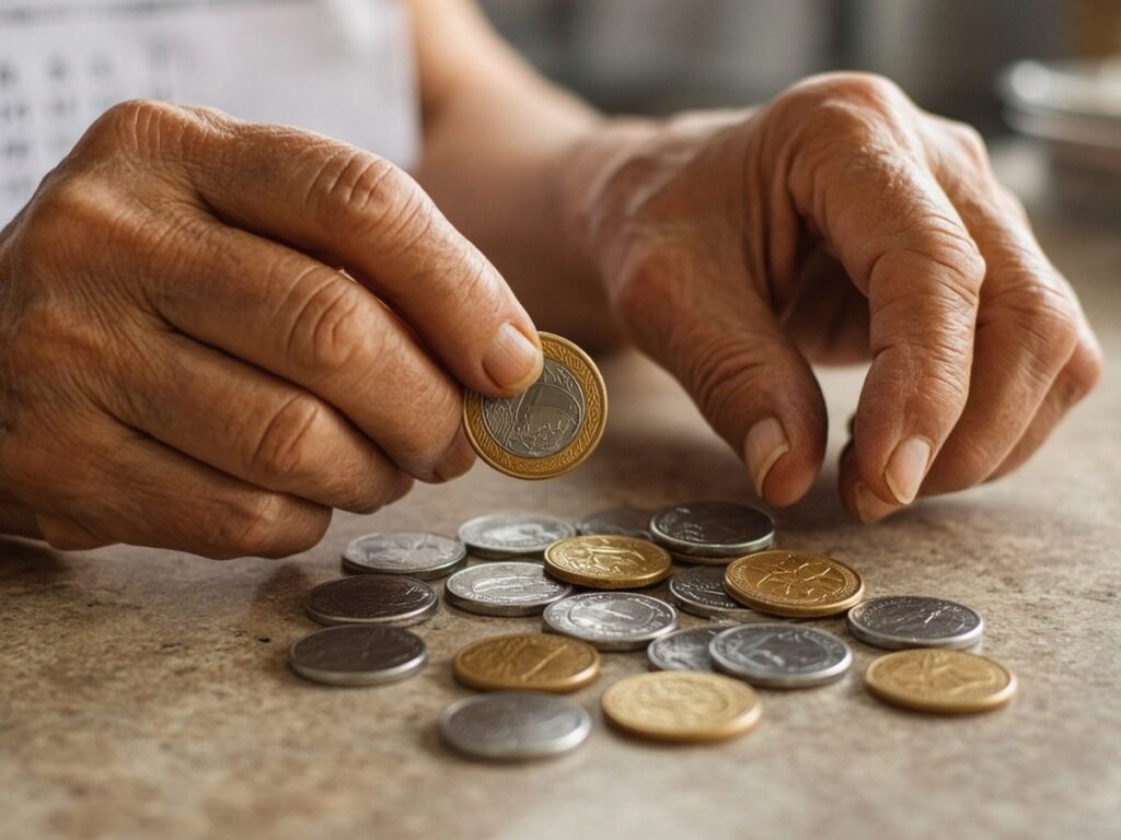 Mãos de uma pessoa idosa contando moedas de real sobre a mesa