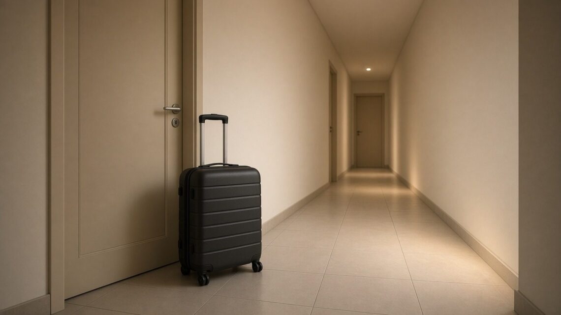 Corredor de prédio residencial com uma mala de viagem ao lado da porta de um apartamento