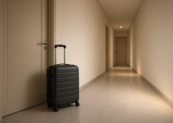 Corredor de prédio residencial com uma mala de viagem ao lado da porta de um apartamento
