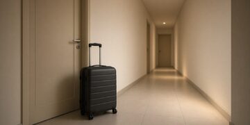 Corredor de prédio residencial com uma mala de viagem ao lado da porta de um apartamento