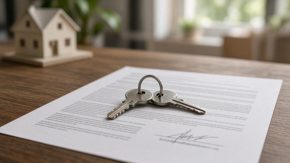 Chaves de apartamento sobre um contrato de aluguel numa mesa de madeira