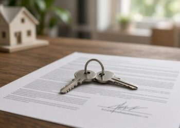 Chaves de apartamento sobre um contrato de aluguel numa mesa de madeira