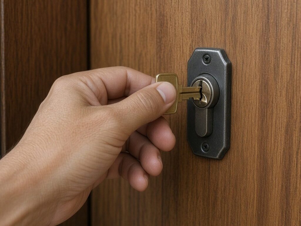 Mão colocando a chave na fechadura da porta de um apartamento