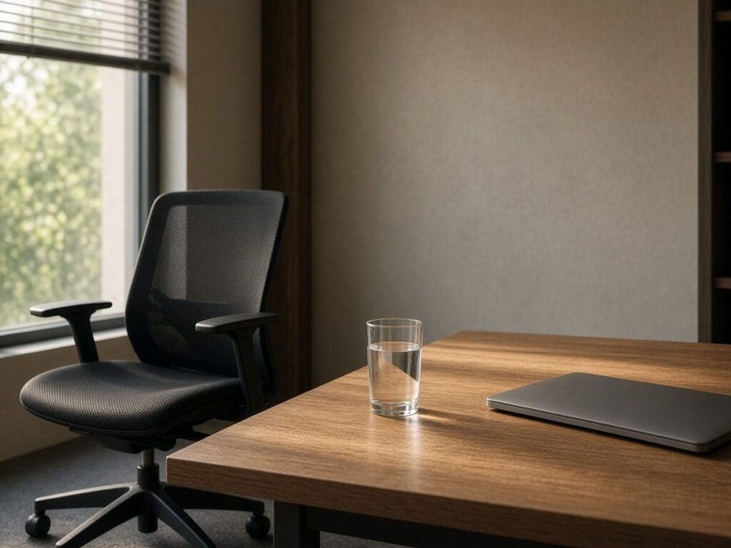 Cadeira de escritório vazia afastada da mesa, com notebook fechado e copo de água