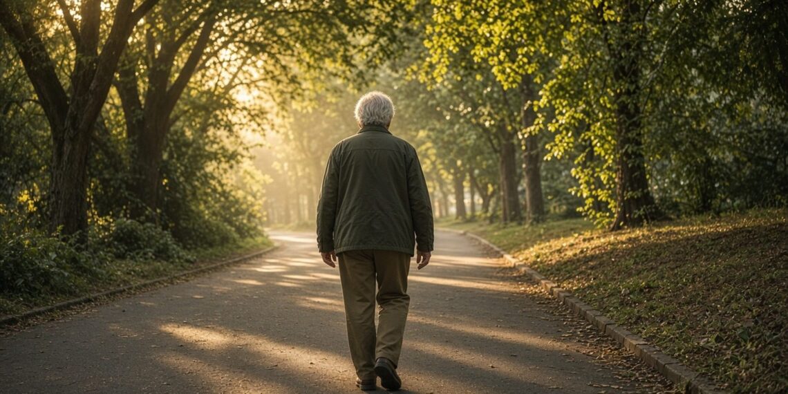 Pessoa idosa de costas caminhando por um caminho arborizado de parque pela manhã