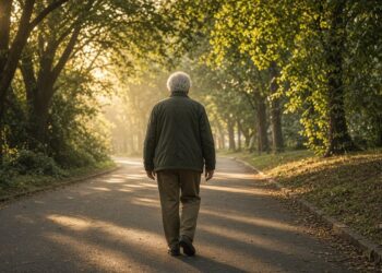 Pessoa idosa de costas caminhando por um caminho arborizado de parque pela manhã