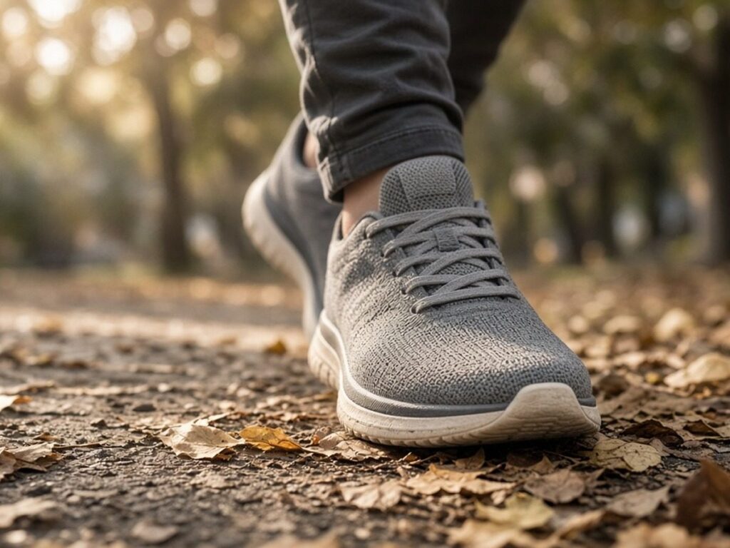 Tênis de caminhada pisando num caminho de parque com folhas caídas